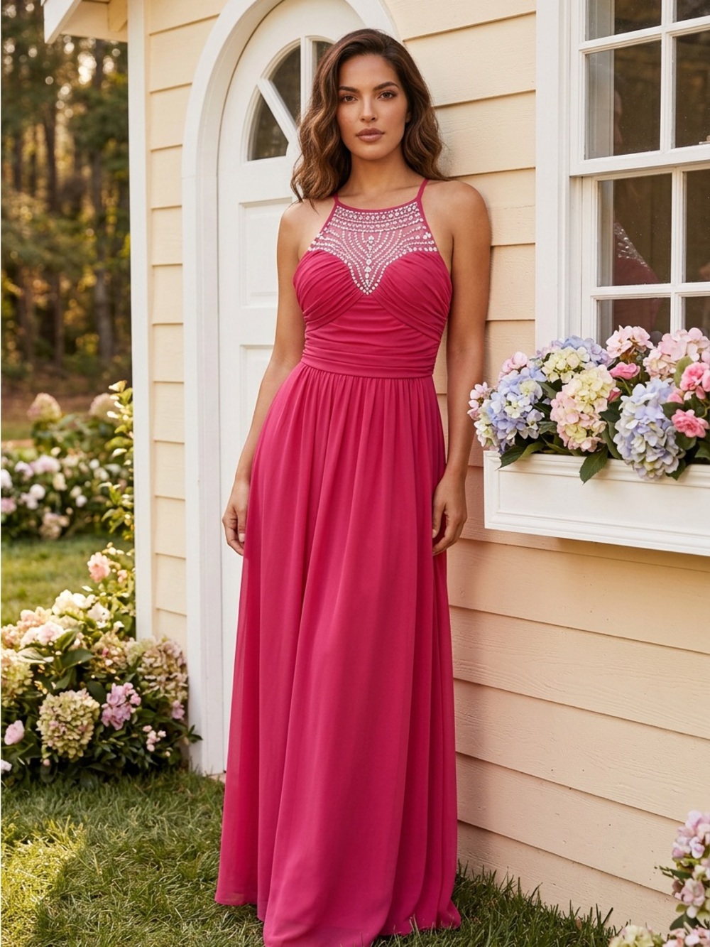 B Darlin Fuchsia Beaded Halter Maxi Dress